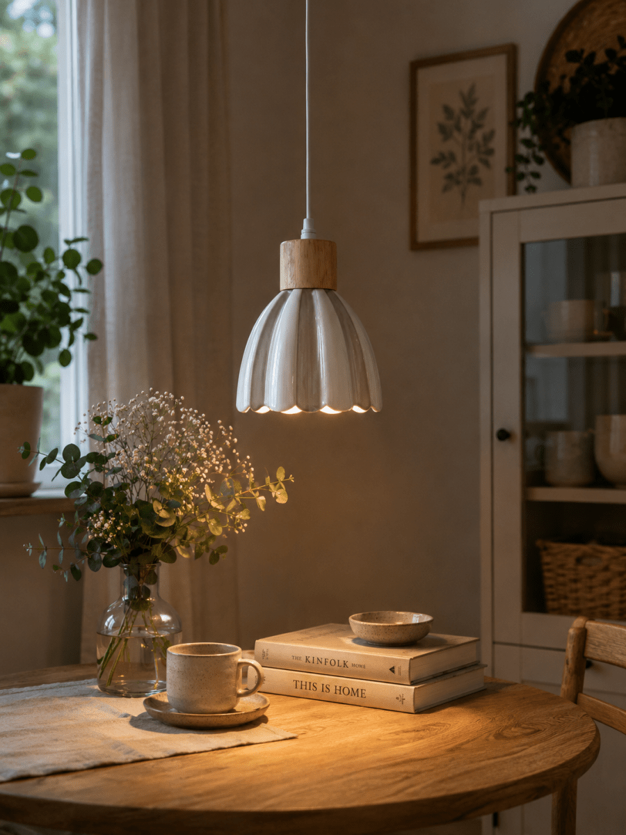 Poppy Ø15 Blanco/beige lámpara de ventana De Pixie Design - Poppy es una encantadora l&aacute;mpara de ventana de cer&aacute;mica con una forma ligeramente redondeada y detalles decorativos de madera que le dan un toque natural.