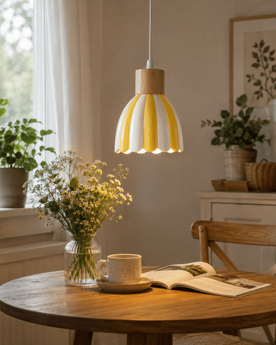 Poppy Ø15 Amarillo/blanco lámpara de ventana De Pixie Design - Poppy es una encantadora l&aacute;mpara de ventana de cer&aacute;mica con una forma ligeramente redondeada y detalles decorativos de madera que le dan un toque natural.