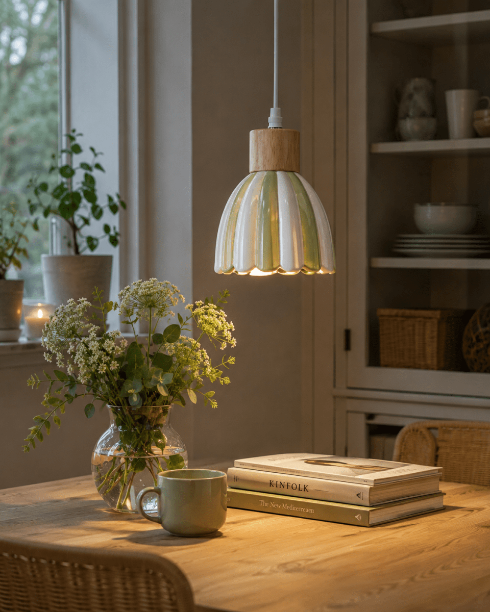 Poppy Ø15 Verde/blanco lámpara de ventana De Pixie Design - Poppy es una encantadora l&aacute;mpara de ventana de cer&aacute;mica con una forma ligeramente redondeada y detalles decorativos de madera que le dan un toque natural.