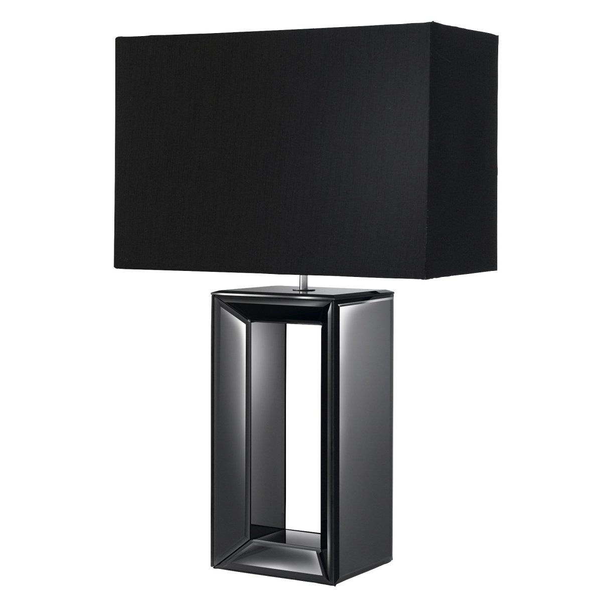 Mirror 58cm Negro lámpara de mesa De Searchlight - La l&aacute;mpara de mesa Mirror tiene una pantalla ancha y alargada hecha de seda artificial negra y una base de espejo alta y negra con un centro hueco, creando una impresi&oacute;n elegante y moderna.