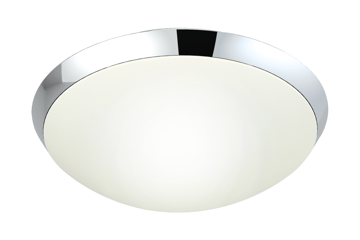Siracusa Ø25 Cromo lámpara de baño De Aneta Lighting - Cúpula de cristal blanco y borde de metal cromado alrededor de la pantalla.
