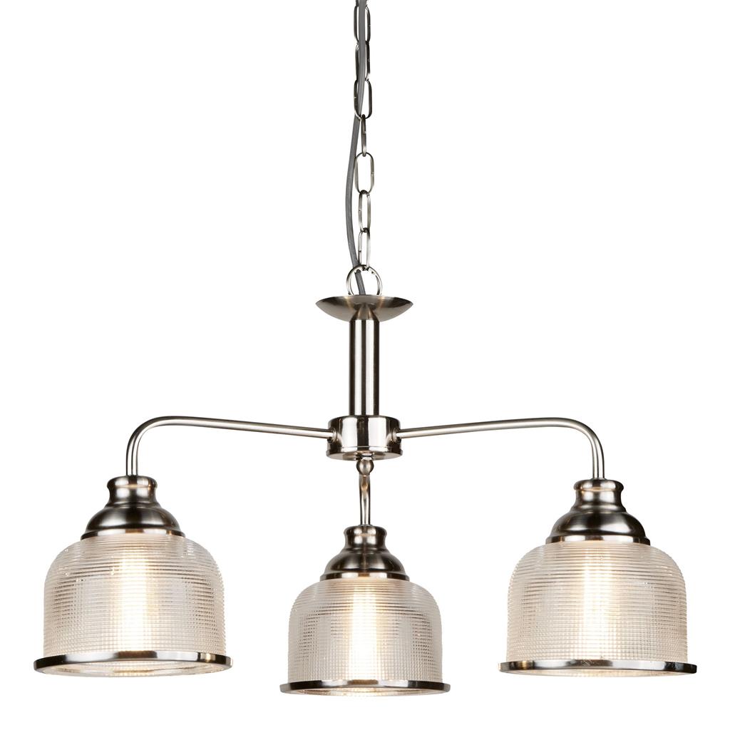 Bistro Ø56 Plata Lámpas de techo De Searchlight - Las tres pantallas de vidrio esmerilado y acanalado, de estilo holofanía, garantizan una distribución uniforme y agradable de la luz, creando un vibrante juego de luces.