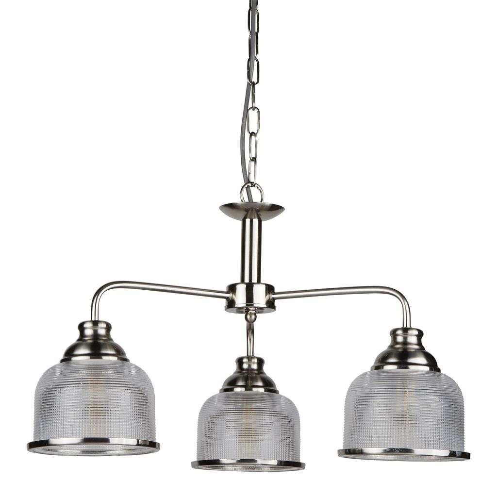 Bistro Ø56 Plata Lámpas de techo De Searchlight - Las tres pantallas de vidrio esmerilado y acanalado, de estilo holofanía, garantizan una distribución uniforme y agradable de la luz, creando un vibrante juego de luces.