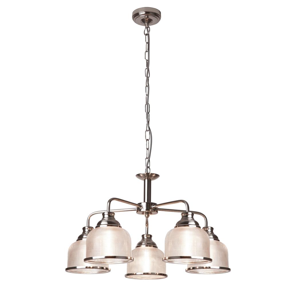 Bistro Ø58 Plata Lámpas de techo De Searchlight - Sus cinco pantallas de vidrio esmerilado y acanalado, estilo holofanía, garantizan una distribución uniforme y agradable de la luz, creando un vibrante juego de luces.