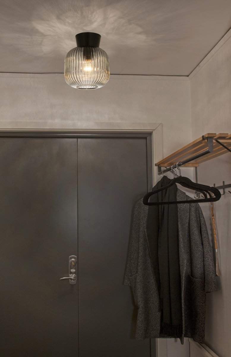 Vanja Ø20 Negro/Ahumado plafón De Aneta Lighting - Su pantalla de cristal ahumado acanalado proporciona una luz suave y agradable con una sutil difusión.