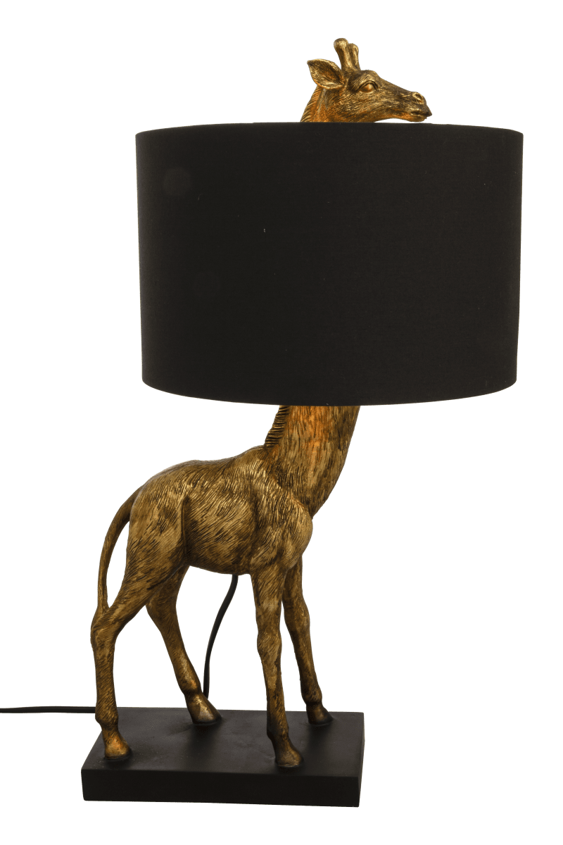 Affe 50cm Oro lámpara de mesa De Aneta Lighting - L&aacute;mpara de sobremesa Monkey con base de metal lacado en negro y una decorativa jirafa de color dorado cuya cabeza sobresale a trav&eacute;s de la pantalla textil.
