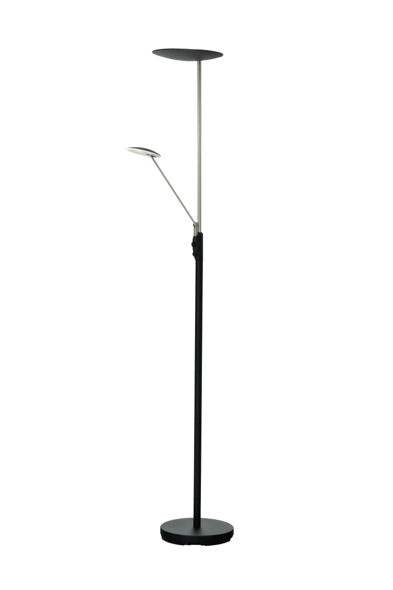 Cadiz Negro/acero lámpara de pie De Aneta Lighting - La luz se enciende y se apaga mediante dos reguladores en la lámpara, uno regula la luz en la parte superior y otro para el brazo de lectura, que también es orientable.