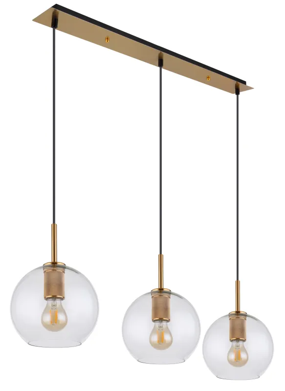 Adara 140cm Oro Lámpas de techo De Globo Lighting - De tre glasgloberna h&auml;nger i justerbara rep och kan anpassas i h&ouml;jd upp till 1,2 meter, vilket ger flexibilitet i belysningen.