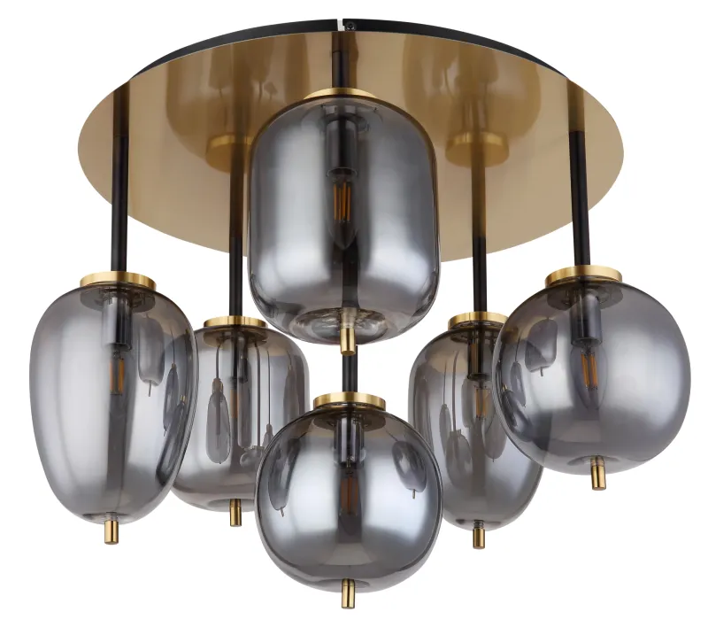 Blacky Ø63 Latón plafón De Globo Lighting - Lampan &auml;r utrustad med 6st r&ouml;kf&auml;rgade glaskupor i olika former, som h&auml;nger fr&aring;n taket p&aring; mattsvarta st&auml;nger f&auml;sta vid en m&auml;ssingsf&auml;rgad bas.