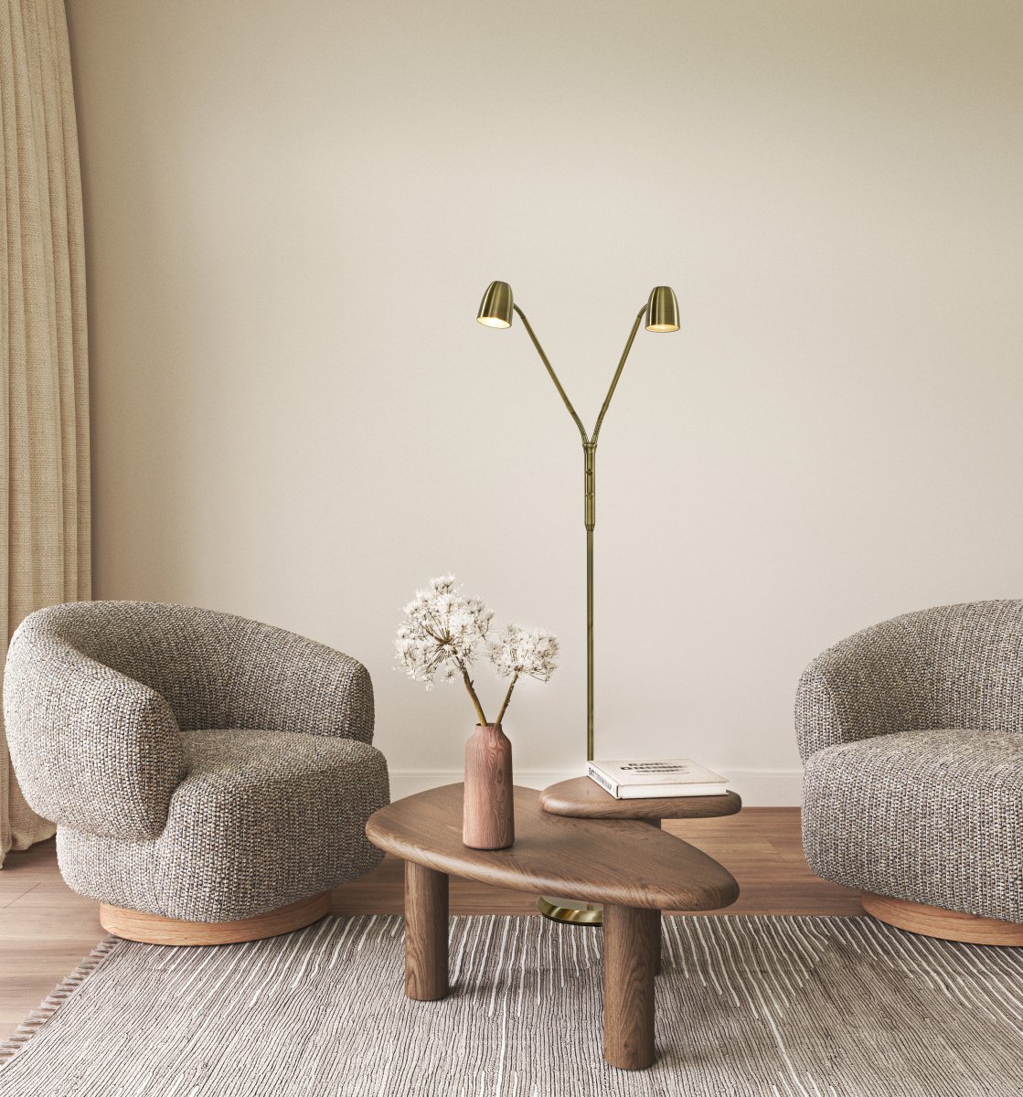 Sandnes 2 Latón antiguo lámpara de pie De Aneta Lighting - Con dos brazos flexibles, es perfecta como l&aacute;mpara de lectura y tiene dos interruptores de encendido separados con regulador de intensidad integrado, lo que permite ajustar el brillo seg&uacute;n sea necesario.