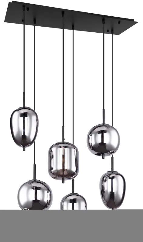 Blacky 80cm Negro Lámpas de techo De Globo Lighting - Lampan &auml;r tillverkad av svart metall och best&aring;r av sex r&ouml;kf&auml;rgade glasglober i olika former, var och en upph&auml;ngda i svarta kablar fr&aring;n taket.