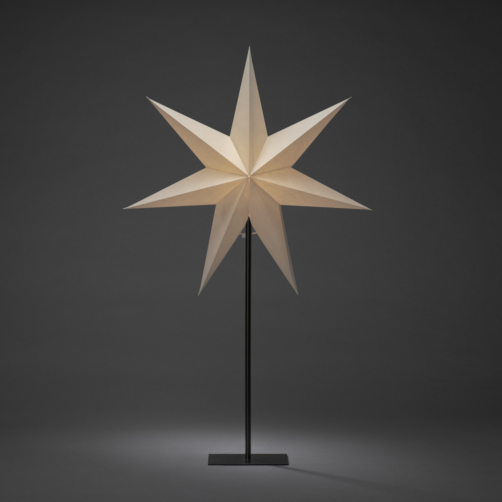 Estrella De Papel Ø50 Grisáceo De Konstsmide - La elegante estrella en color greige reposa sobre un sencillo soporte de metal negro y difunde un brillo suave y agradable.