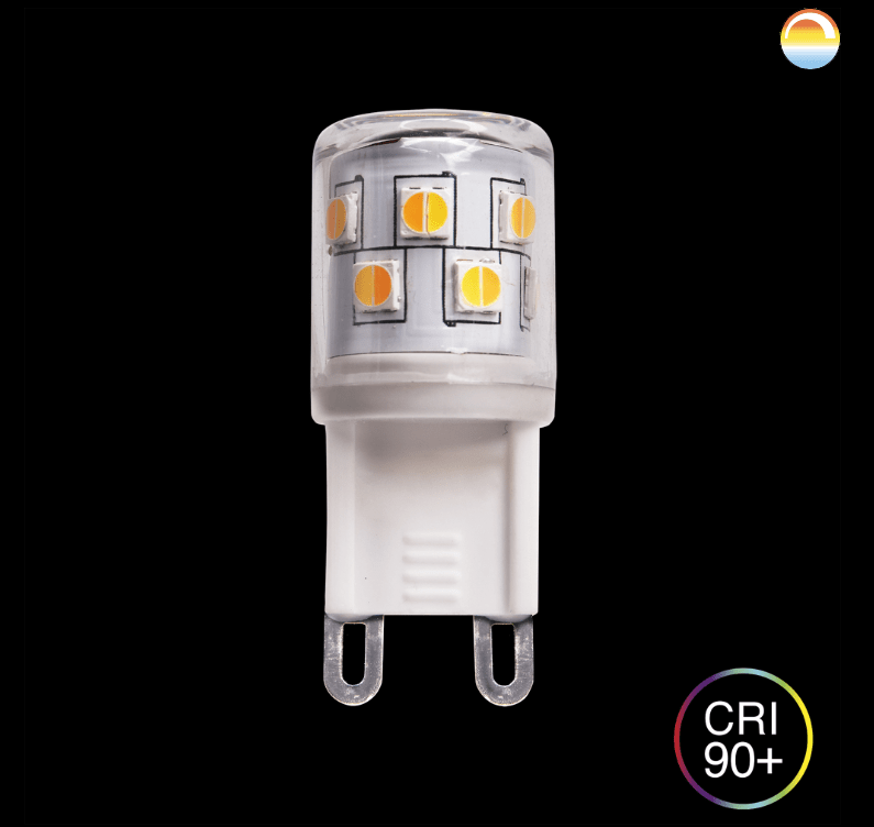 LED G9 MINI 2,5W 2200-3000K dim to warm De Unison - 5W 2200-3000K Dim to WarmEl nuevo G9 Dim to Warm de Unison se puede atenuar con un regulador para ajustar la temperatura de color de 2200 a 3000K.