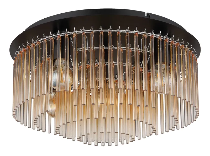 Gorley Ø50 Ámbar plafón De Globo Lighting - Dess design imponerar med en stilfull kombination av mattsvart metall och dekorativa stavar i klart och amberf&auml;rgat glas.