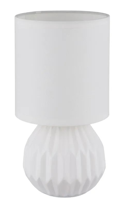 Sylas 23cm Blanco lámpara de mesa De Globo Lighting - Den rundade keramiska basen i elegant vitt och den matchande cylindriska textilsk&auml;rmen skapar en harmonisk och modern estetik.