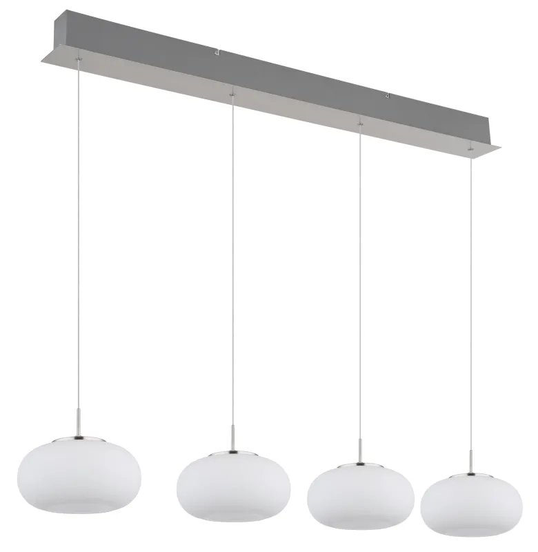 Quintara 110cm Níquel Lámpas de techo De Globo Lighting - Quintara&nbsp;&auml;r en stilren och modern takpendel med en rak metallram och fyra runda, sf&auml;riska glaskupor.