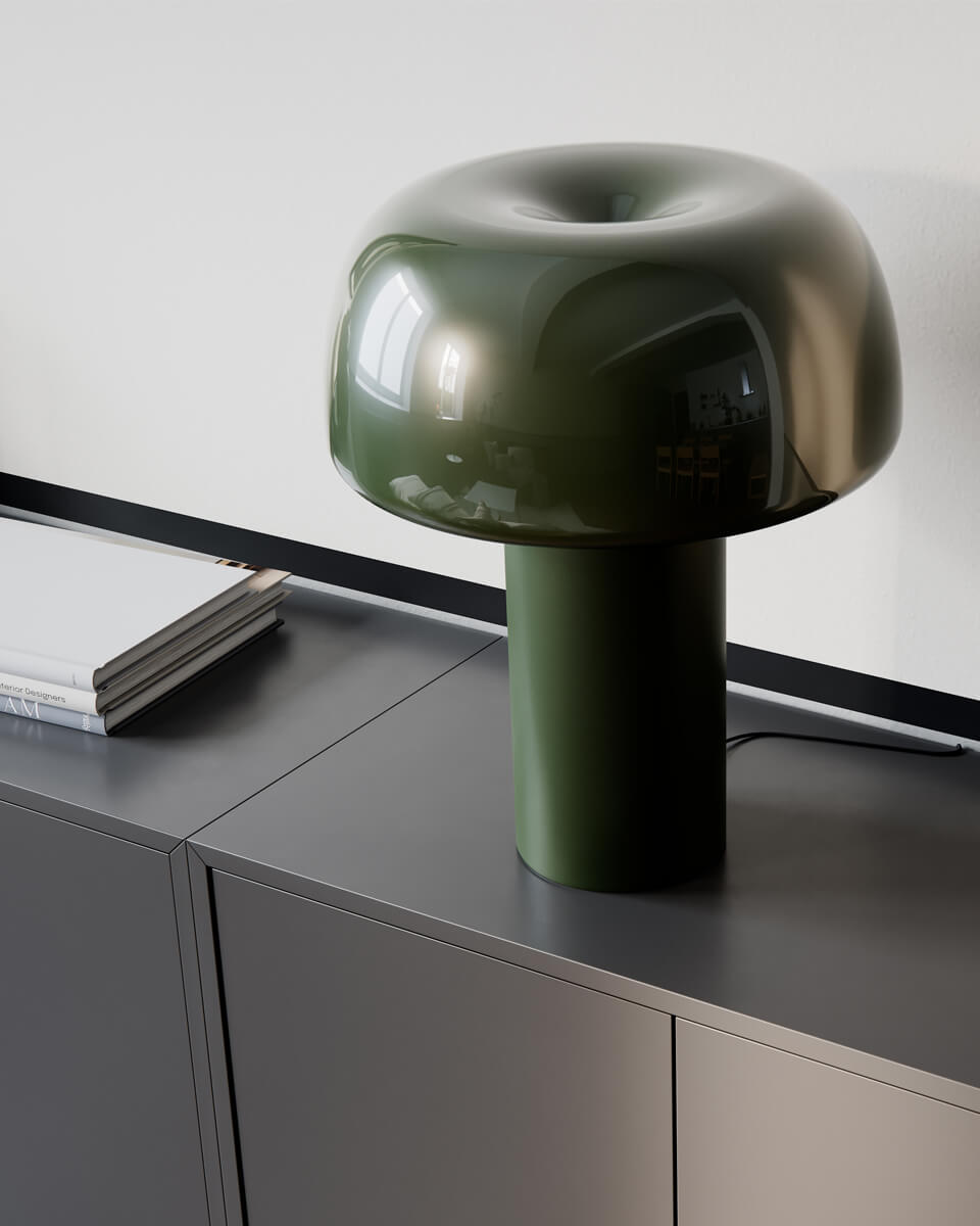 Lean on Me 40cm Verde oscuro lámpara de mesa De By Rydéns - La l&aacute;mpara est&aacute; hecha de metal, con la base de la l&aacute;mpara con un acabado mate y la pantalla con un acabado brillante, creando un hermoso contraste.