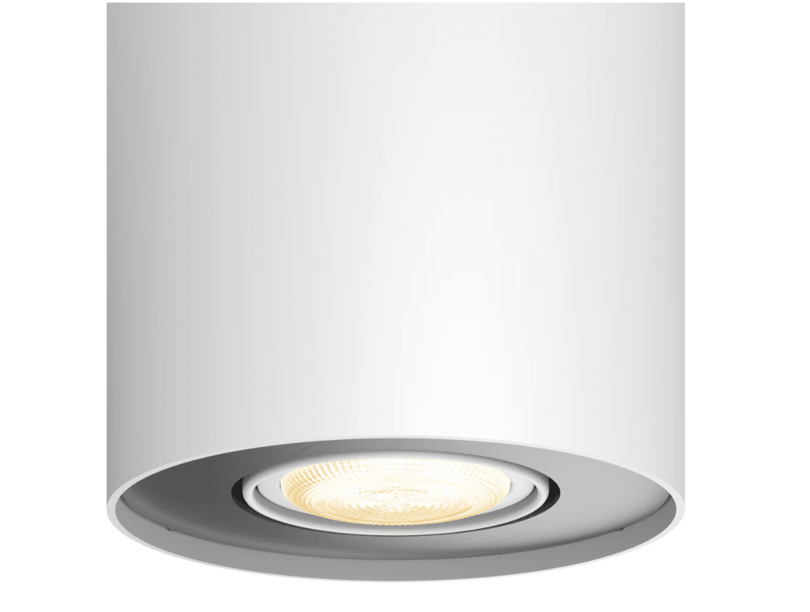 Pillar Hue Blanco foco de techo De Philips - Puede elegir entre tonos blancos c&aacute;lidos o fr&iacute;os y controlarlos a trav&eacute;s de la aplicaci&oacute;n Bluetooth o el bot&oacute;n de regulaci&oacute;n incluido.