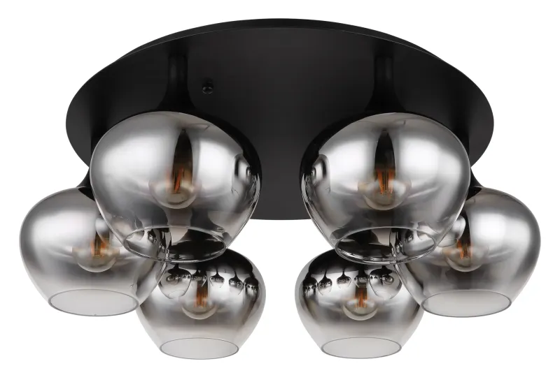 Maxy Ø65 Color humo plafón De Globo Lighting - P&aring; en rund takplatta av matttsvart metall sitter sex vackert formade r&ouml;kf&auml;rgade glaskupor.