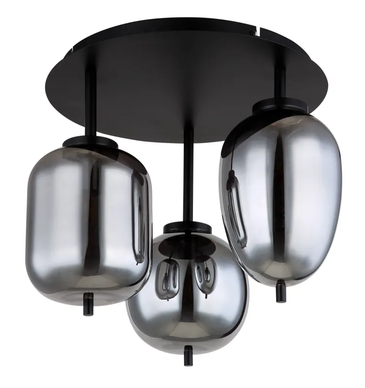 Blacky Ø46 Negro plafón De Globo Lighting - Lampan &auml;r utrustad med 3st r&ouml;kf&auml;rgade glaskupor i olika former, som h&auml;nger fr&aring;n taket p&aring; mattsvarta st&auml;nger f&auml;sta vid en matchande bas.