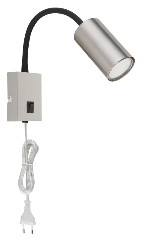 Robby Níquel lámpara de lectura De Globo Lighting - Robby &auml;r en klassisk, kompakt v&auml;gglampa tillverkad i svart plast och matt nickelmetall, vilket ger en stilren och modern look.