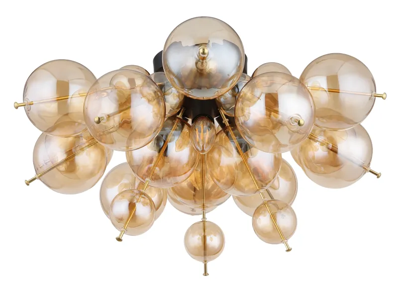 Udo Ø55 Ámbar plafón De Globo Lighting - Dess unika design utm&auml;rks av en rund form d&auml;r guldf&auml;rgade metallstavar elegant sammanl&auml;nkas med varmt b&auml;rnstensf&auml;rgade glasklot i olika storlekar.