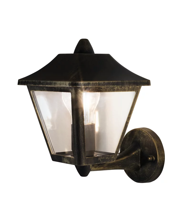 Tradition Negro/dorado lámpara de exterior De Ledvance - Classic Tradition es una elegante l&aacute;mpara de pared con un dise&ntilde;o cl&aacute;sico de linterna, perfecta para crear un ambiente acogedor en entradas, caminos de acceso y fachadas.
