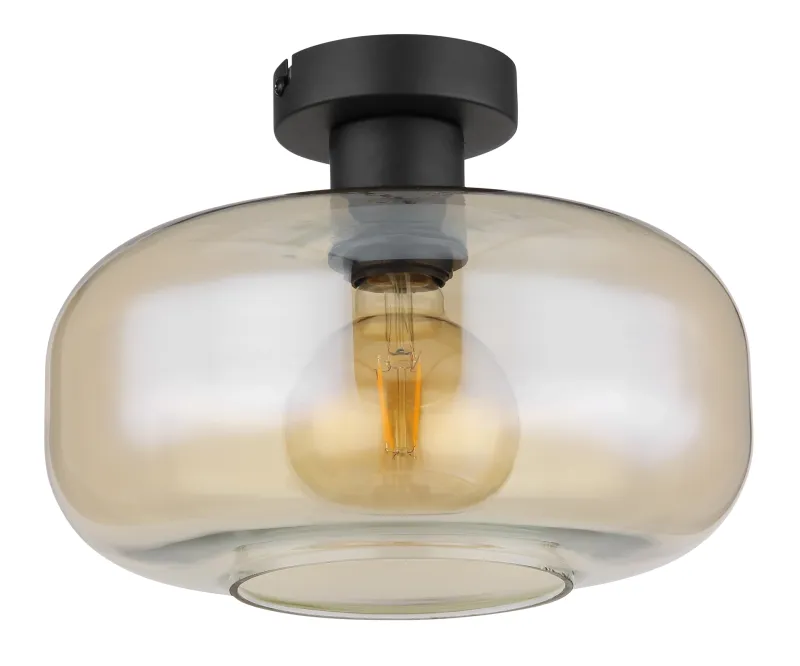Giuseppe Ø28 Ámbar plafón De Globo Lighting - Lampan &auml;r tillverkad av mattsvart metall och &auml;r smyckad med en vackert formad glaskupa i amberf&auml;rgat glas.