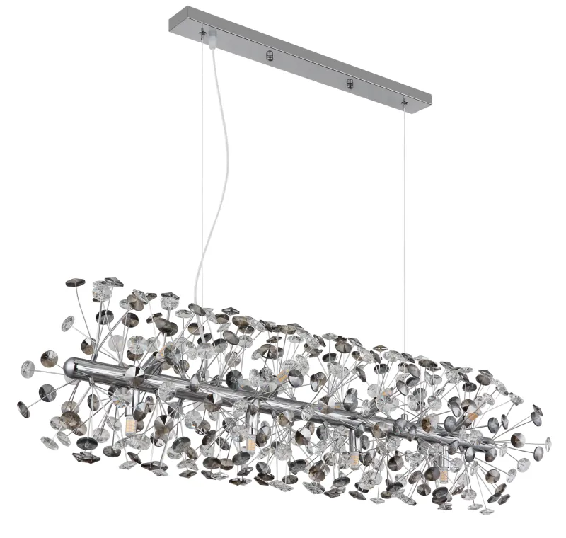 Katrina 90cm Color humo cristal De Globo Lighting - Katrina es una elegante lámpara de araña rectangular de cristal, hecha de metal cromado con brillantes cristales K9, que añade un toque sofisticado y lujoso a su hogar.