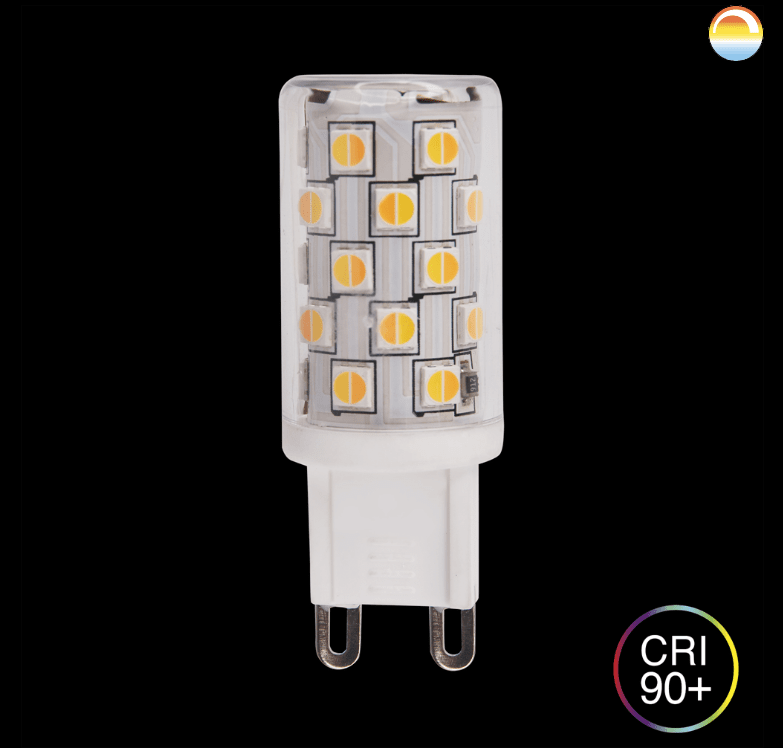 LED G9 4W 2200-3000K dim to warm De Unison - La nueva G9 de Unison, de intensidad regulable a cálida, se puede regular con un regulador para ajustar la temperatura de color de 2200 a 3000 K.