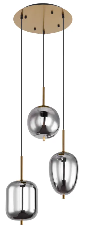 Blacky Ø46 Latón Lámpas de techo De Globo Lighting - Den best&aring;r av en rund m&auml;ssingsf&auml;rgad metallplatta, fr&aring;n vilken tre svarta kablar med r&ouml;kf&auml;rgade glasglober i olika former h&auml;nger.
