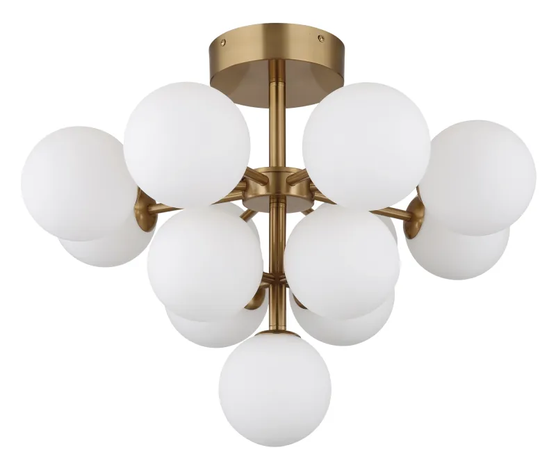 Grappy Ø56 Oro plafón De Globo Lighting - Grappy plafond i guldf&auml;rgad metall blir en stilfull och lyxig detalj i varje rum med sin glamor&ouml;sa design och de 13st opalf&auml;rgade glaskulorna.