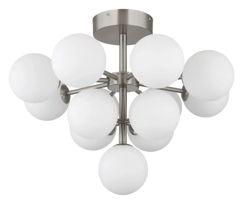 Grappy Ø56 Níquel plafón De Globo Lighting - Grappy plafond blir en stilfull och lyxig detalj i varje rum med sin glamor&ouml;sa design och de 13st opalf&auml;rgade glaskulorna.