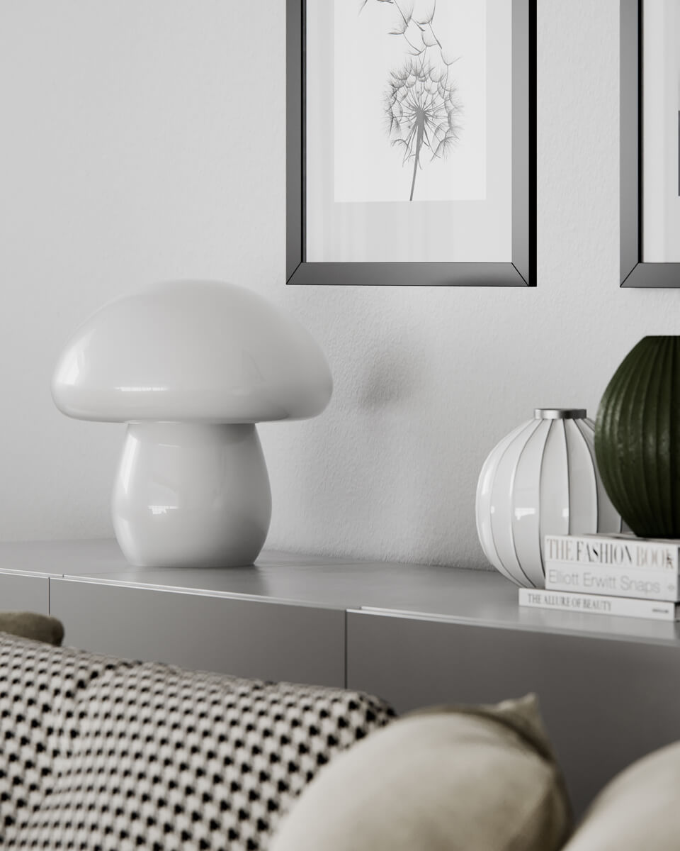 Mira Mushroom 30cm Blanco lámpara de mesa De By Rydéns - La l&aacute;mpara no es solo una fuente de luz funcional, sino tambi&eacute;n un detalle art&iacute;stico que resalta su interior con su dise&ntilde;o inspirado en la naturaleza y su calidad artesanal.