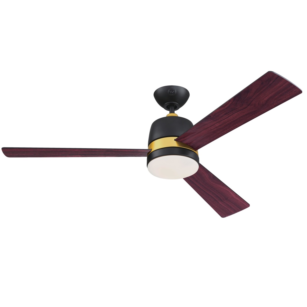 Tristan Ø132 Negro De Westinghouse - El ventilador de techo Tristan con iluminación regulable, motor de CC y control remoto presenta un elegante diseño de dos tonos con un acabado negro mate y detalles dorados.