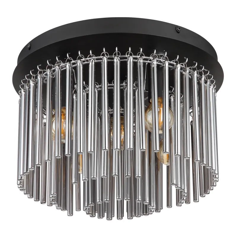 Gorley Ø32 Color humo plafón De Globo Lighting - Dess design imponerar med en stilfull kombination av mattsvart metall, gl&auml;nsande krom och r&ouml;kf&auml;rgade glasstavar.
