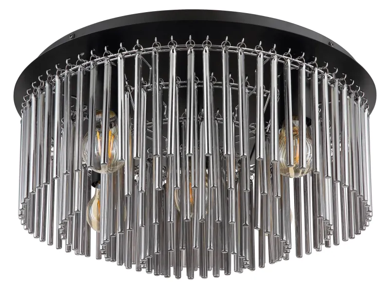 Gorley Ø50 Color humo plafón De Globo Lighting - Dess design imponerar med en stilfull kombination av mattsvart metall, gl&auml;nsande krom och r&ouml;kf&auml;rgade glasstavar.
