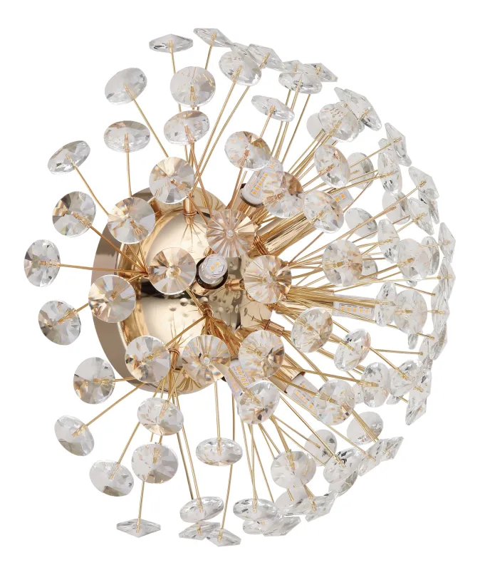 Katrina Ø40 Oro lámpara de pared De Globo Lighting - Den runda stommen i guldf&auml;rgad metall och den halvsf&auml;riska sk&auml;rmen i klara K9-kristaller skapar en lyxig och inbjudande atmosf&auml;r.