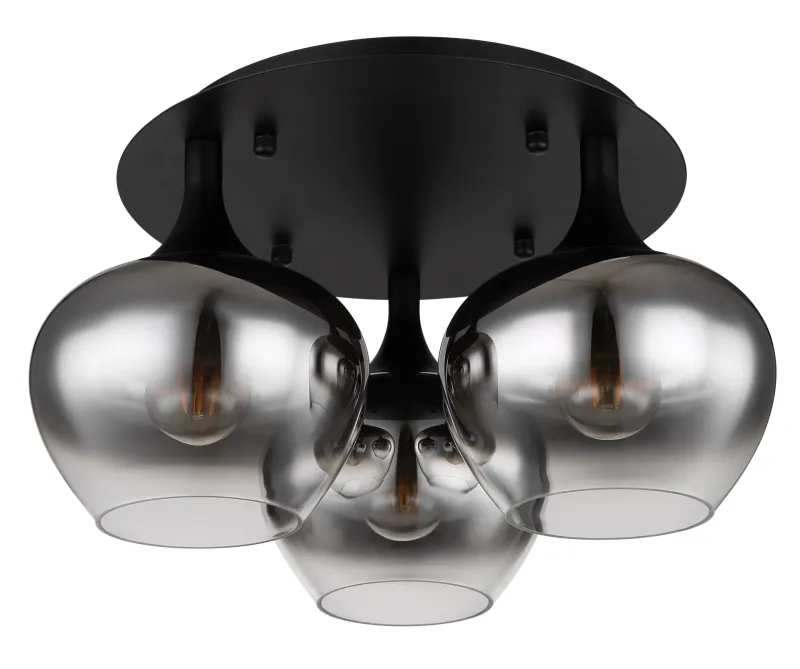 Maxy Ø45 Color humo plafón De Globo Lighting - P&aring; en rund takplatta av matttsvart metall sitter tre vackert formade r&ouml;kf&auml;rgade glaskupor.