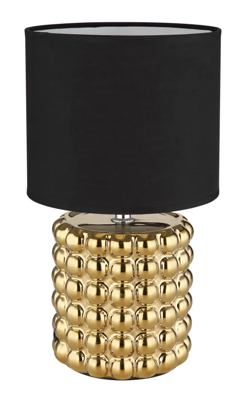 Valentino 33cm Oro lámpara de mesa De Globo Lighting - P&aring; en cylinderformad fot i guldf&auml;rgad keramik vilar en stilren, svart textilsk&auml;rm.