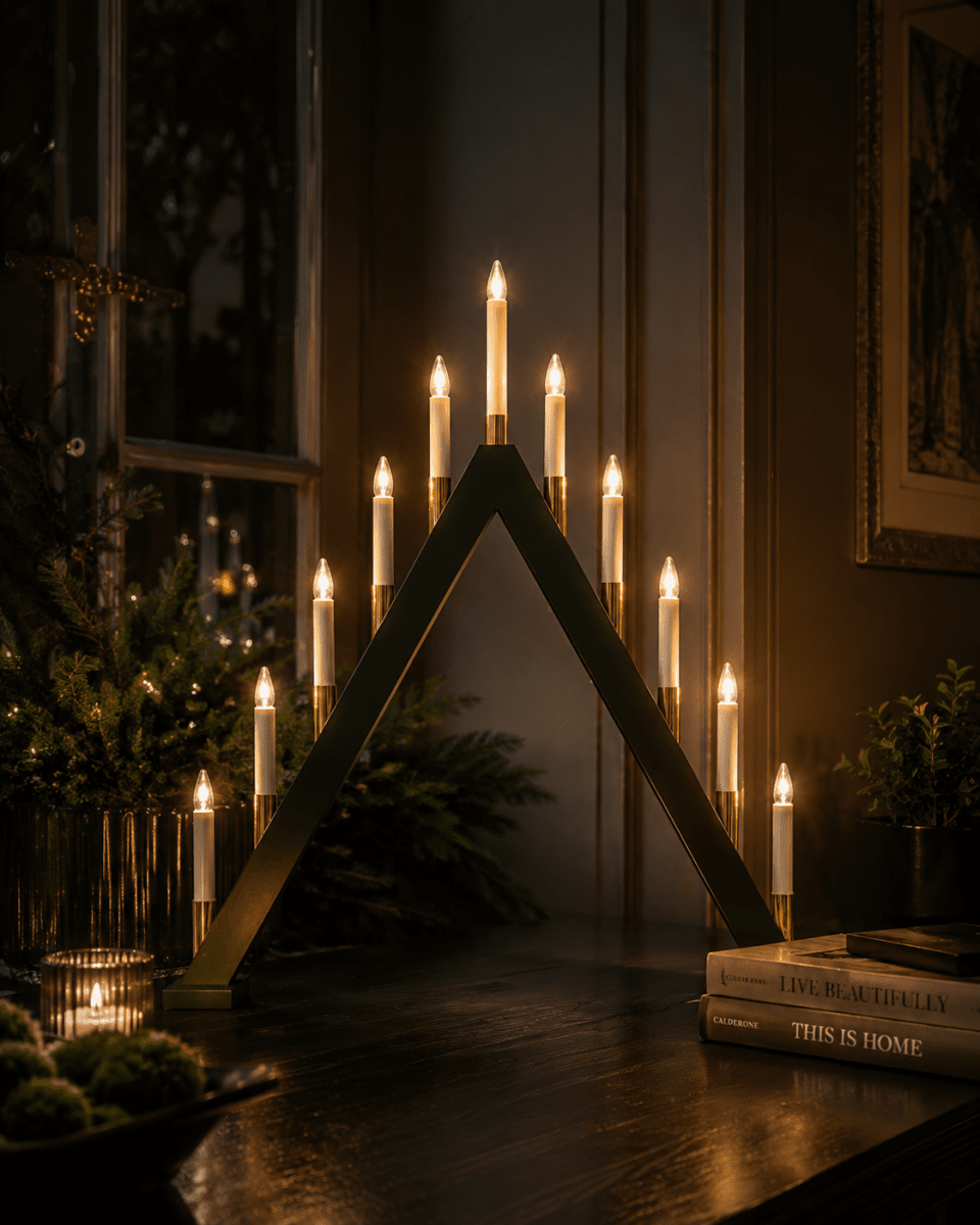 Hilda 11 verde oscuro De Pixie Design - Hilda es un robusto candelabro de madera con once velas que crean una luz c&aacute;lida e intensa.