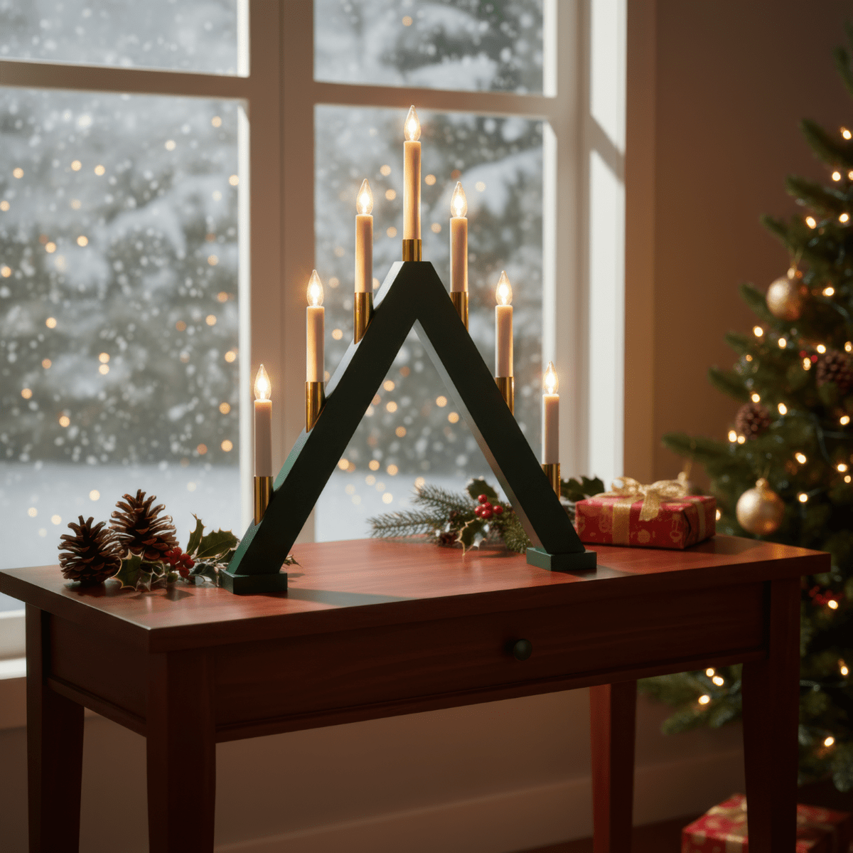 Hilda 7 verde oscuro De Pixie Design - Hilda es un candelabro decorativo de madera en un intenso verde oscuro con detalles dorados que crean un elegante contraste.