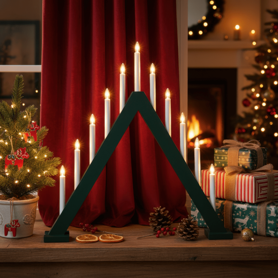 Nova 11 verde oscuro De Pixie Design - Nova es un cl&aacute;sico portavelas de madera para Adviento con once velas en un hermoso color verde oscuro, que evoca las celebraciones navide&ntilde;as tradicionales.