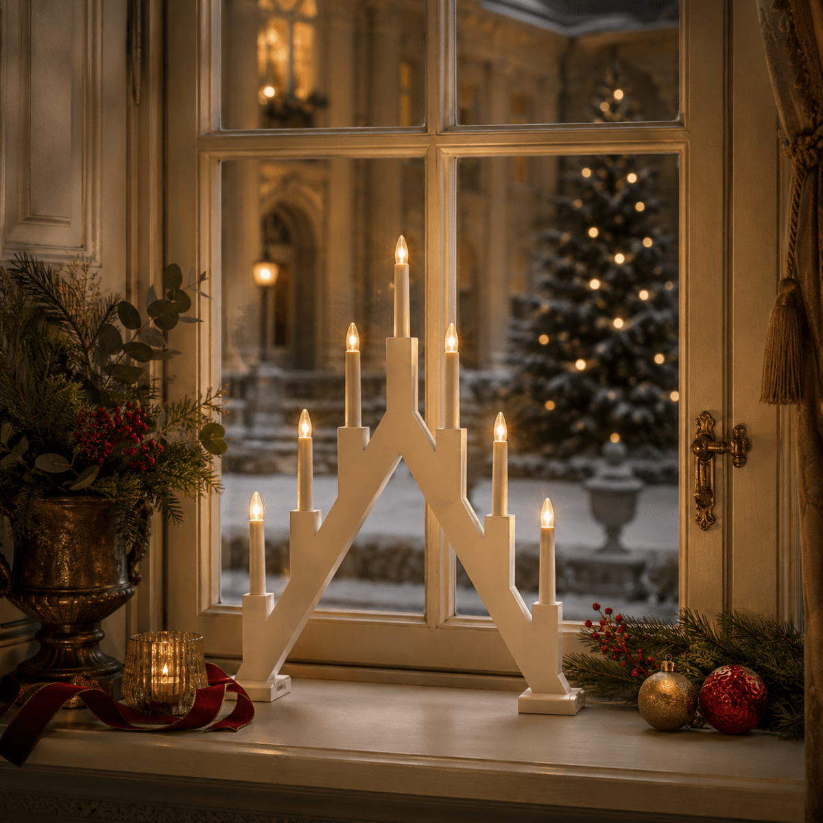 Ellen Blanco De Pixie Design - Ellen es un candelabro cl&aacute;sico de madera con acabado blanco y una forma c&oacute;nica decorativa que recuerda a los candelabros tradicionales de Adviento.