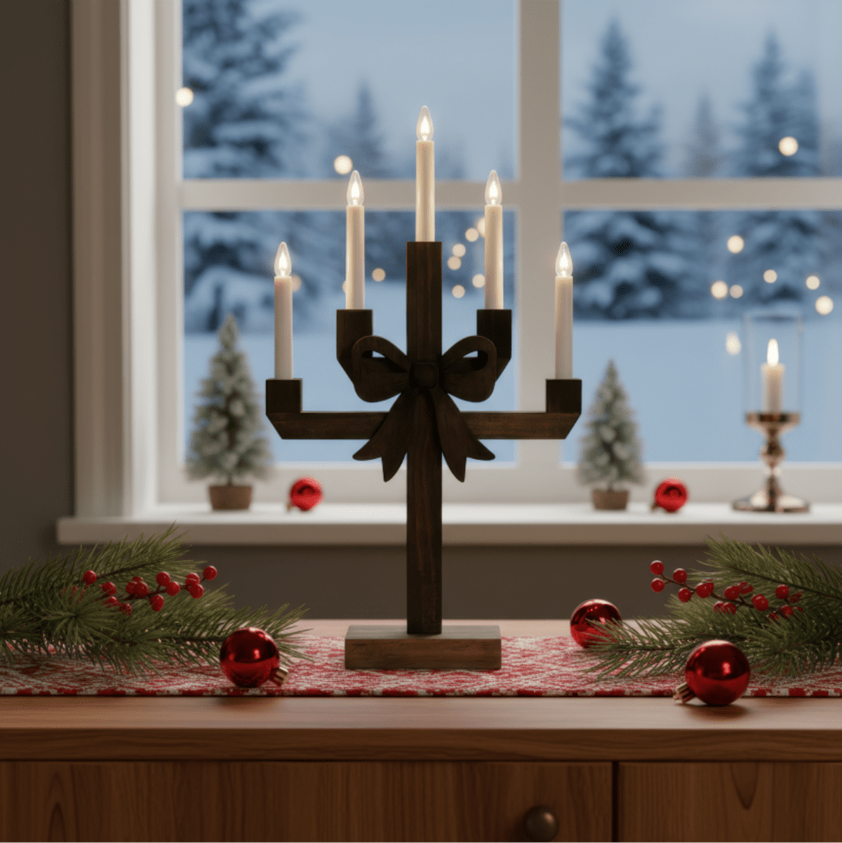 Kerstin mancha marrón De Pixie Design - Kerstin es un candelabro decorativo de madera te&ntilde;ida en marr&oacute;n oscuro, adornado con un gran lazo que le confiere un aspecto encantador y divertido.