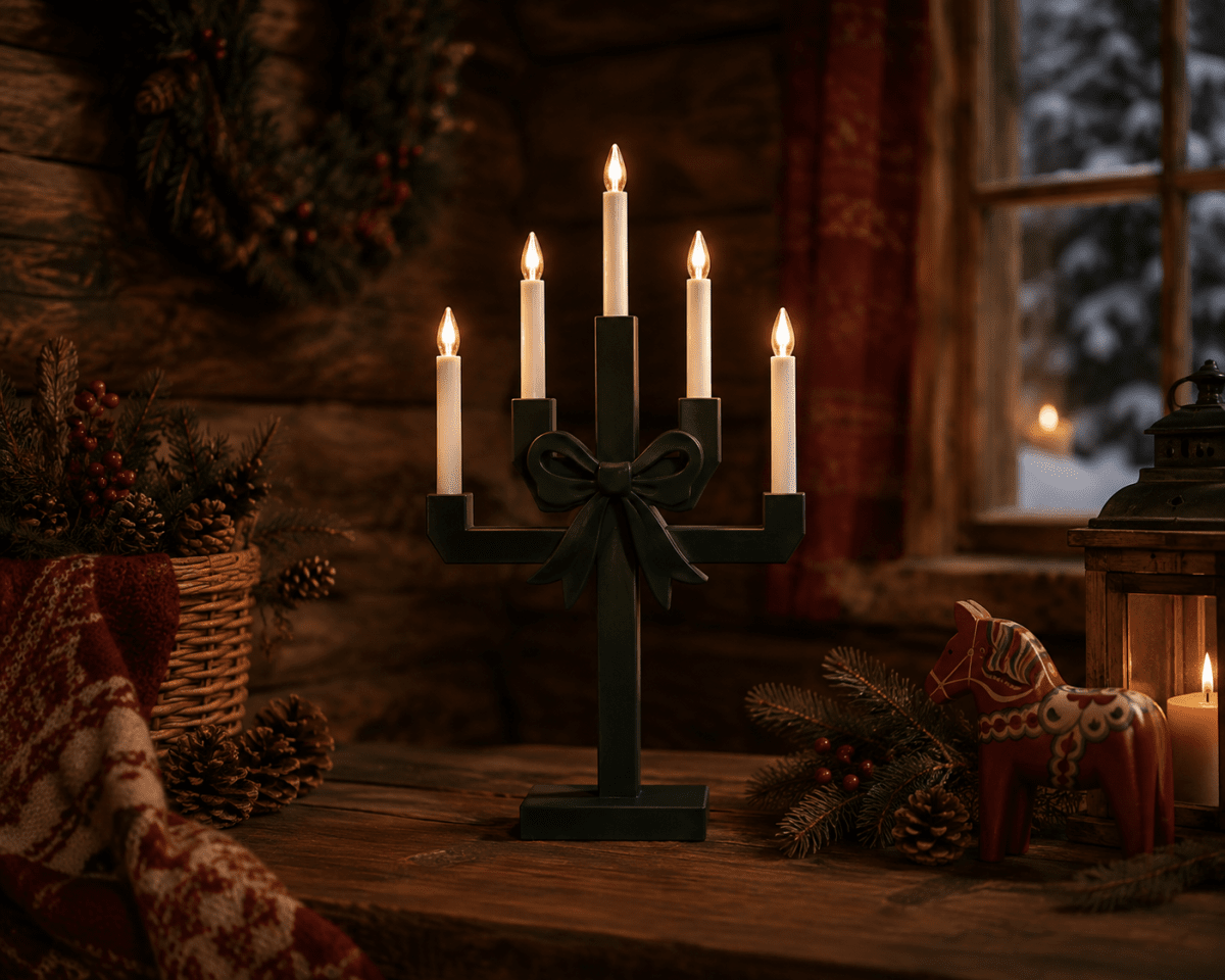Kerstin verde oscuro De Pixie Design - Kerstin es un candelabro decorativo de madera, pintado en verde oscuro y adornado con un gran lazo, que le confiere un aspecto encantador y divertido.