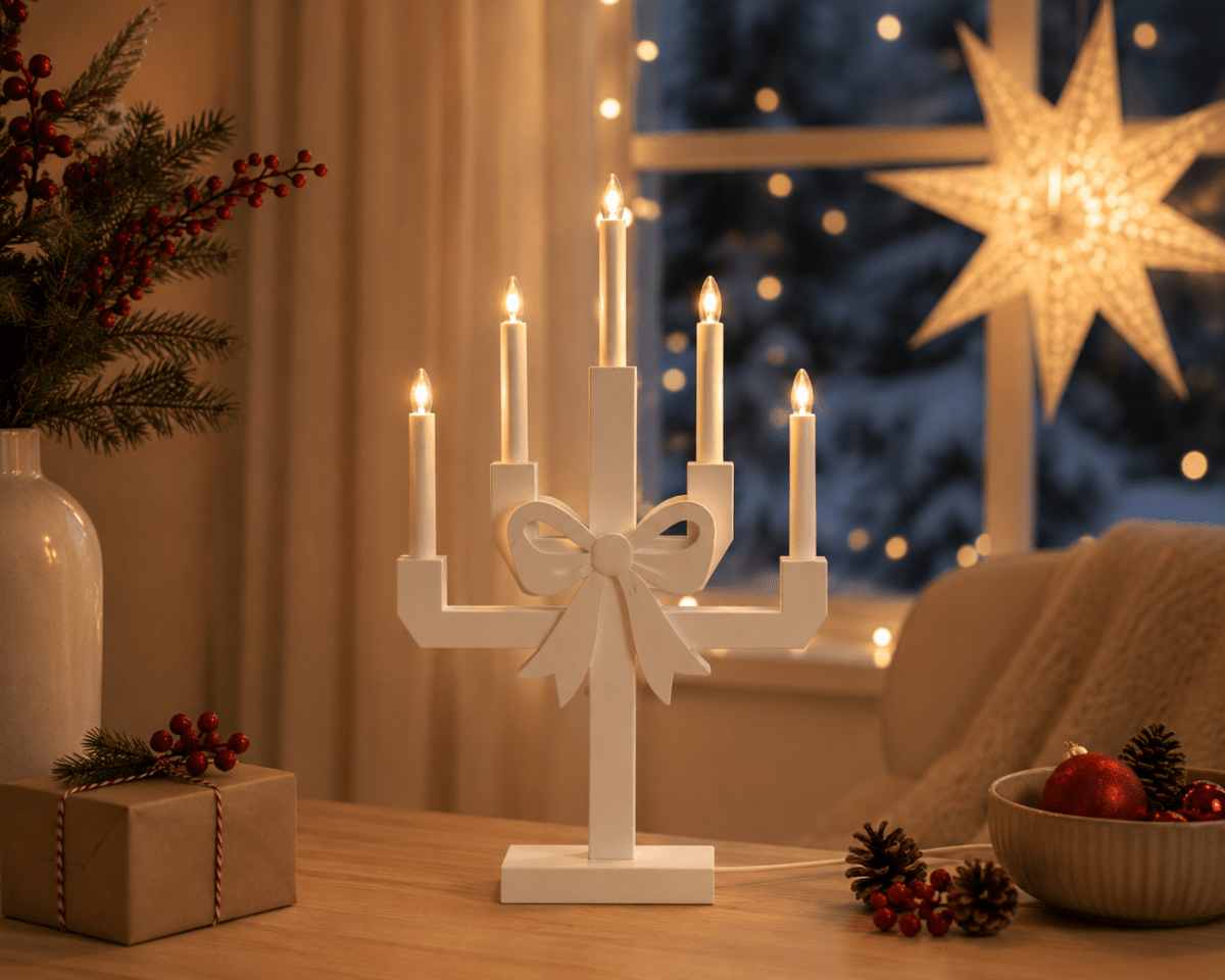 Kerstin Blanco De Pixie Design - Kerstin es un candelabro decorativo de madera, pintado de blanco y adornado con un gran lazo, que le confiere un aspecto encantador y divertido.