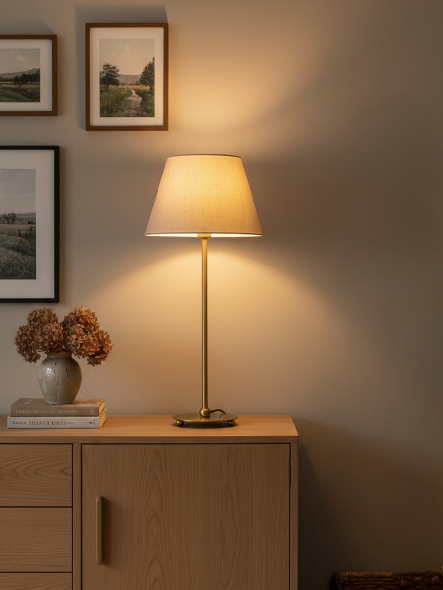 Julie 52cm Latón/blanco lámpara de mesa De PR Home - Cuenta con una base de lat&oacute;n de hermosa forma y una pantalla ovalada blanca cl&aacute;sica, creando una est&eacute;tica atemporal y armoniosa.