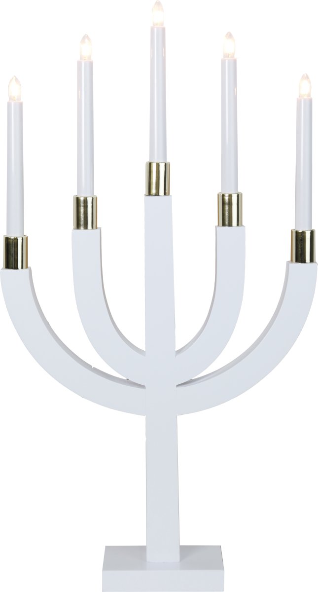 Elias Blanco De Star Trading - Candelero de madera blanca con bases de lat&oacute;n en las l&aacute;mparas.