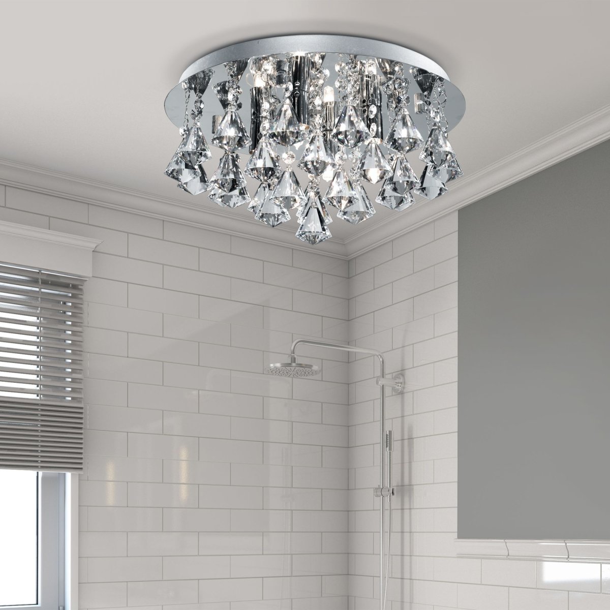 Hanna Ø38 Cromo lámpara de baño De Searchlight - Mejore el lujo de su baño con esta elegante lámpara de techo con cristales prismáticos.